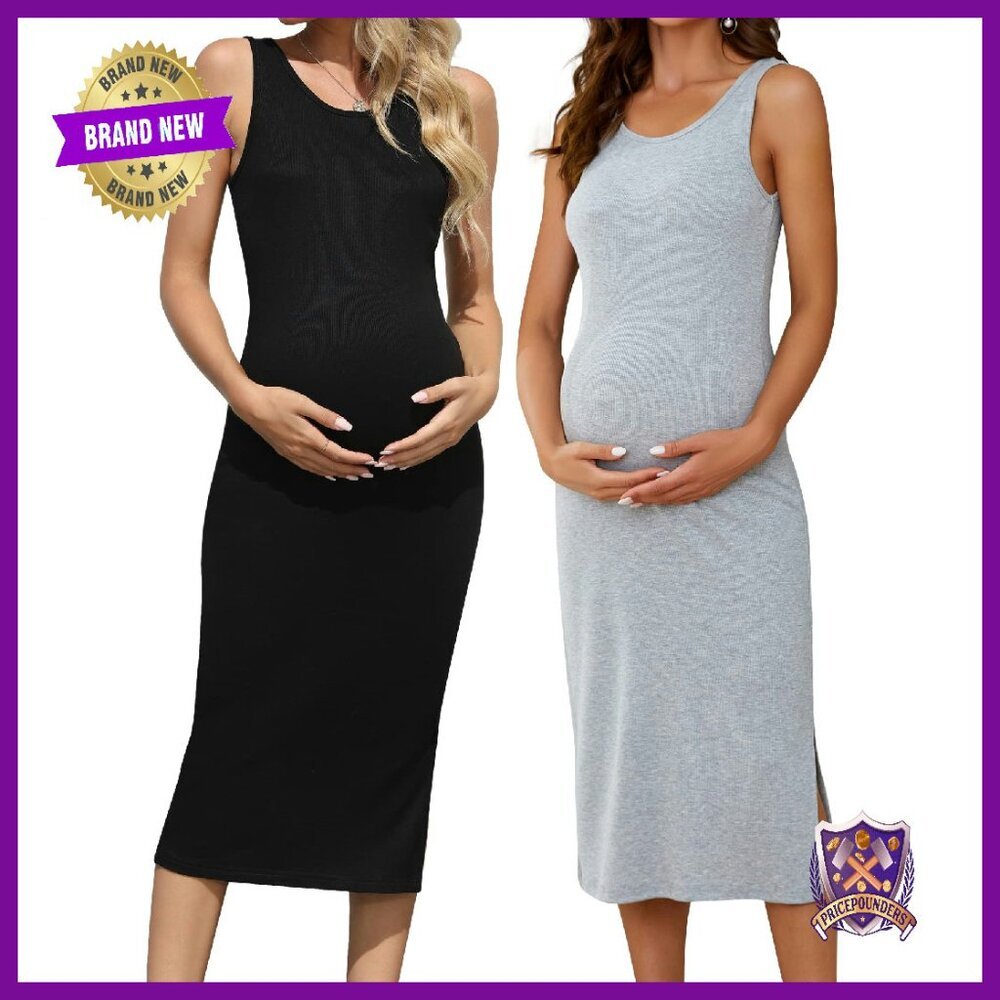 Maternity Midi Dress Sleeveless Side Split Stretchy Bodycon Pregnancy